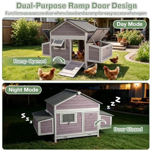Large Chicken Coop for 2-4 Chickens, Outdoor Wooden Hen House with Weatherproof Asphalt Roof, 4 Sectionable Nesting Box, Dual Ramp Doors, Pull-Out Tray, 67.3" L x 36.8" W x 40.6" H - Grey - size: 67.3"L x 36.8"W x 40.6"H
