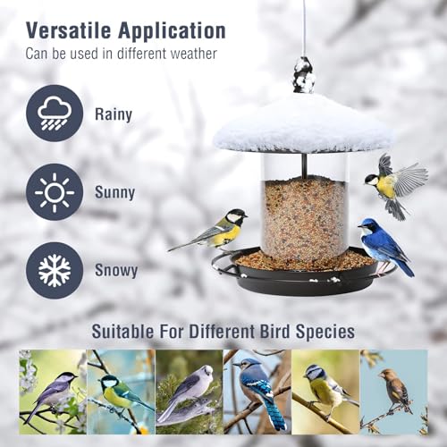 Metal Bird Feeder, Hanging or Ground Outdoor Bird Feeder, Weather Cover, Removable Seed Container and Easy Clean Design- (7x7x7in)