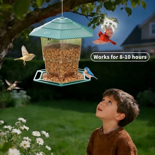 Solar Bird Feeder for Outdoors Hanging,Hanging Wild Bird Feeders with S Hook for Blue Bird, Cardinals, Finches,Wild Birds Seed Feeder, As Gift for Bird Lovers（Green） - color: Green Solar Bird Feeder