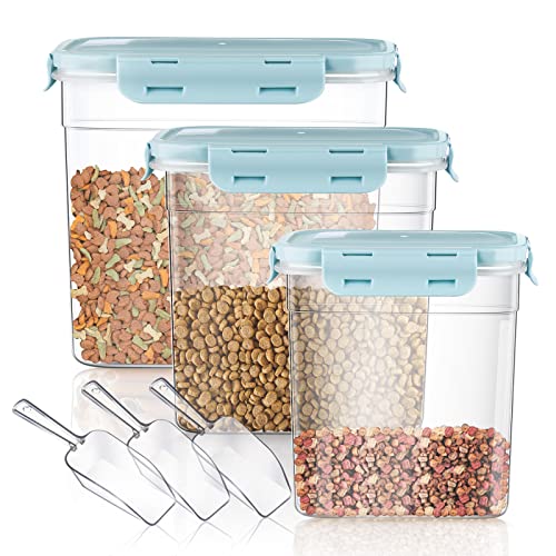 Patelai 6 Pcs Dog and Cat Food Storage Containers with Scoops Set Plastic Pet Food Storage Containers Stackable Airtight Dry for Kitchen 1.27 Qt, 2.4 Qt, 4 Qt(Blue) - color: Blue