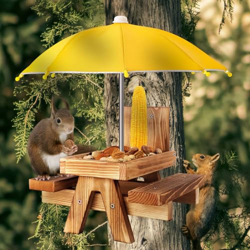 Gnodary Squirrel Feeder with Umbrella, Squirrel Feeders for Outside, Squirrel Picnic Table Feeder - Chipmunk Feeder Hold Corn, Corn Cob, Peanuts (Yellow) - color: Yellow