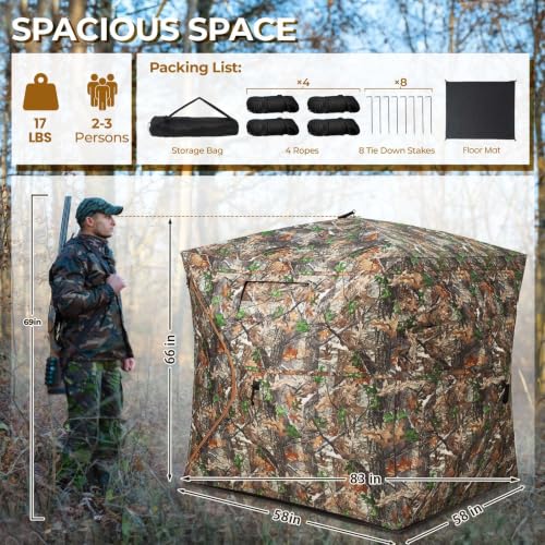 Portable Hunting Blind - 270°/360°See Through with Waterproof Floor Mat | Detachable Ground Mat, Silent Adjustable Windows, Pop Up Ground Blind for 2-4 Person, Camouflage Shelter for Turkey Deer - size: 2-3 Person（360° See Through）