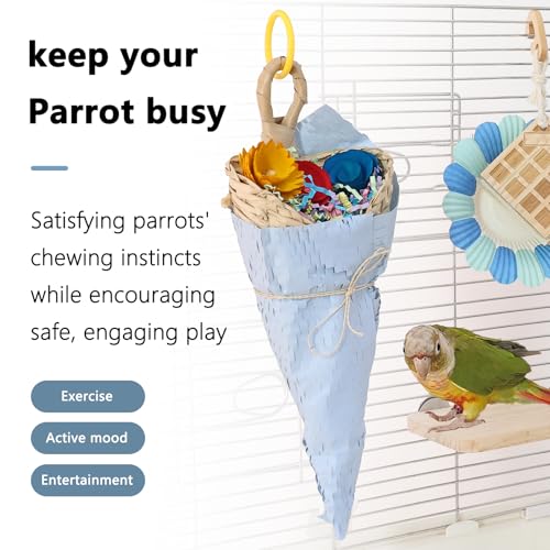 Parrot Chew Toys Set - Natural Wood & Loofah Toys with Plant-Based Dyes, 3 Pack Bird Chew Toys for Cockatiels, Conures & Small Parrots for Cage Enrichment (3 Pieces of Blue Series) - color: 3 pieces of blue series