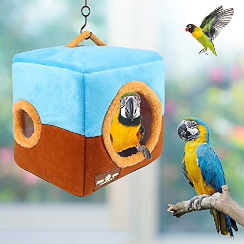 Large Size Parrot Nest House - Winter Warm Bird Snuggle Hut Hanging Birds House Cage Hideaway Cave Bed for Large Birds Amazon Parrots African Grey Cockatoos Macaws | Hanging Birds House, Coral Fleece Interior, Cage Hideaway Bed, Small Parrots and Birds -