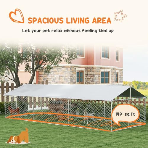 PawHut Outdoor Dog Kennel, Heavy Duty Dog Run Outdoor Fence with Waterproof Cover, Galvanized Chain Link, Secure Lock, for Large Sized Breeds, Chickens, Ducks, 20' x 7.5' x 5' - size: 236.2"L x 90.6"W x 59.1"H