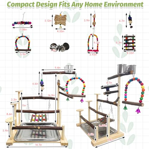 PINVNBY Bird Playground 9 PCS Parrot Perch Stand Play Gym Cockatiel Wood Bird Toys Birds Cage Accessories Playpen with Feeder Cups Hanging Swing Toys for Parakeet Conure Lovebird Cockatiel - size: Three Floors With Chew Toys