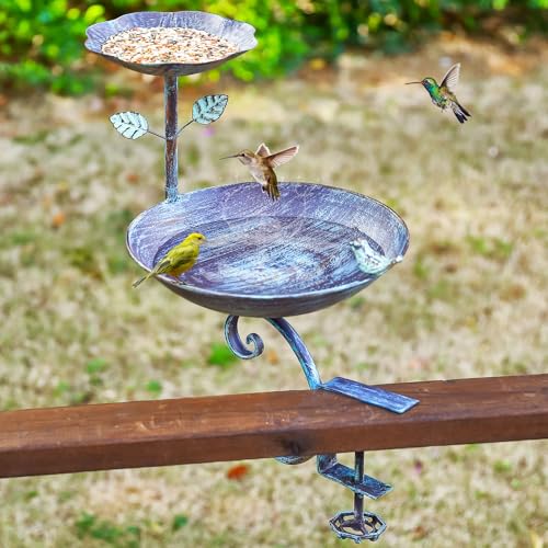 Bird Bath Feeder for Deck Railing and Balcony 2 in 1 Blue | Deck Mounted Birdfeeders for Outdoors with Heavy Duty Clamp, Unique for Outside, Suitable for Garden Porch Backyard - color: Blue