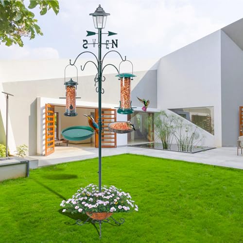 Yinns 58 Inch Outdoor Bird Feeder Pole with Bird Bath and Solar Light | Outdoor bird feeding station, 2 hanging feeders, bird bath, mesh tray, flower basket, weather vane, solar lantern - color: A-58inch Green