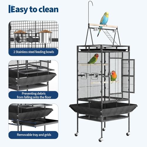 Extra Large 82" Parrot Cage with Play Top – Heavy Duty Wrought Iron Aviary, Rolling Stand, Secure Lock, Easy-Clean Removable Tray, Rope Perch – Spacious Bird Enclosure for Large Birds