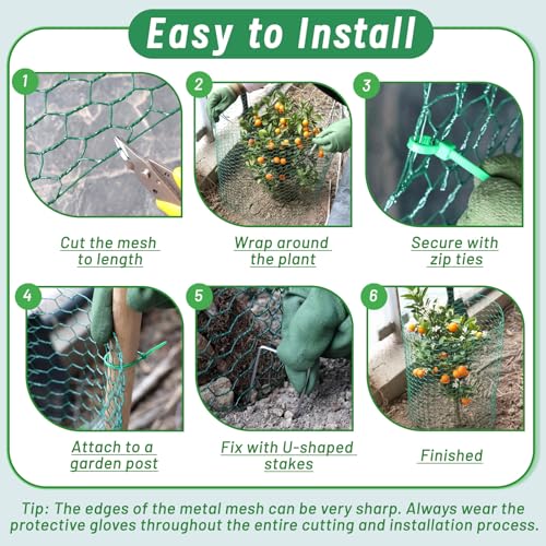 Plant Protectors from Animals, 16.4 x 16In Green PVC Coated Galvanized Chicken Wire Mesh Roll, 0.8mm Free-Cut Plant Cage with Ties, Stakes, Gloves, Pliers & Floral Wire (33Ft*20In) - size: 33Ft*20In