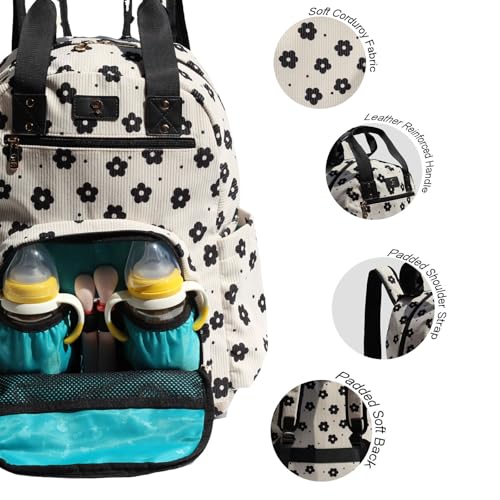 Diaper Bag Backpack Corduroy Multifunction Baby Fashion Travel Pack office Laptop Bag - color: Black White Flower