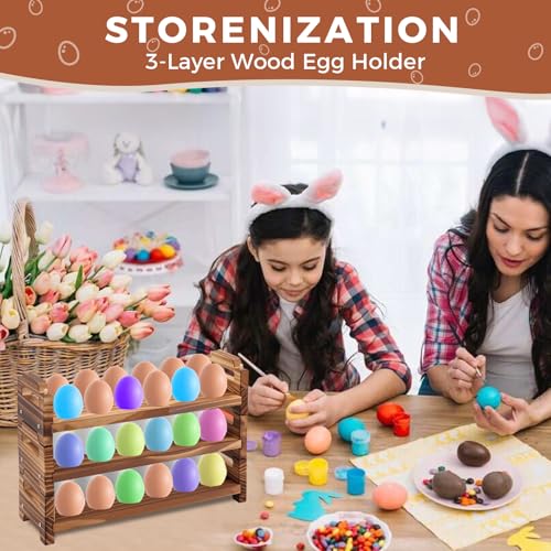 Wooden Egg Holder Countertop, 3 Layer Stackable Fresh Egg Display Storage Rack Organizer Stackable egg storage Easter Basket Farmhouse Egg Storage Basket with Handles Fits Duck Turkey Chicken Eggs