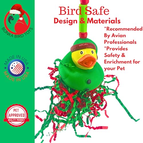 Bonka Bird Toys 2726 Christmas Elf Duck 7" x 4" Crinkle Paper and Vine Holiday Foraging Toy for Small to Medium Birds Cage Hanging Lovebirds, Conures, Parakeets, and Similar