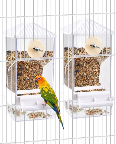Hamiledyi Automatic Bird Feeder 2 Pcs No Mess Bird Cage Feeder Seed Food Container with Perch Transparent Parrot Cage Accessories for Parakeets, Budgies, Cockatoos, Finches, Lovebirds (White) - color: Translucent White + Perch - 2 Pcs