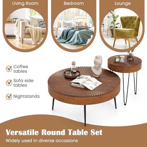 COSTWAY Farmhouse Round Coffee Table Set of 2, Rustic Sofa Side Tea Tables w/Wood Finish, Metal Frame, Adjustable Foot Pads, Nesting End Table Set for Living Room, Bedroom (Radial Pattern, Brown) - color: Brown, style: Radial Pattern