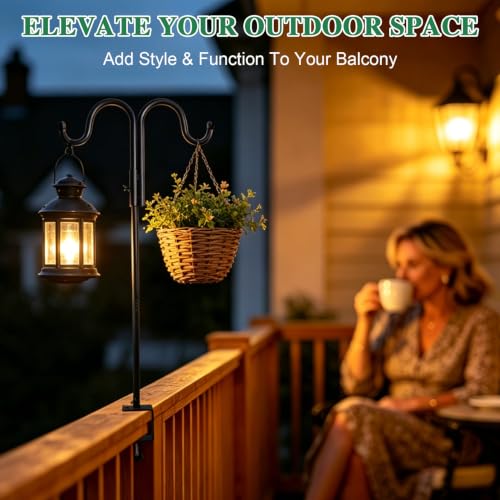 43" Shepherds Hook for Deck Railing, Double Arm Bird Feeder Holder, 2 Pack | Adjustable clamp, heavy duty steel, outdoor plant hanger, bird feeder pole, deck hook for railing, hanging plants & lanterns - color: Black - 2 Pcs