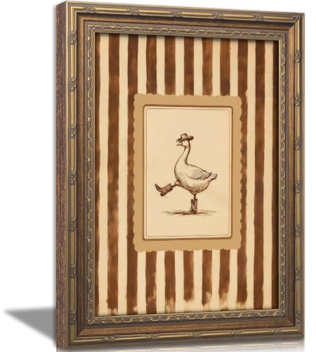 Vintage Gold Framed Western Wall Art Funny Cowboy Silly Goose Painting Canvas Prints Dancing Duck Stripe Picture Poster Rustic Farmhouse Nursery Animal Artwork for Living Room Bedroom Kids Room - color: Goose, size: 16"L x 12"W