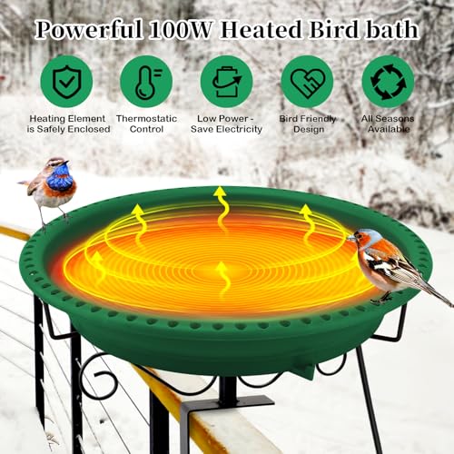 Lovppy Heated Bird Bath for Deck Railing, 100W Thermostatically Controlled Heated Bird Baths for Outdoors Bird Bath Heater, Heated Birdbath for Outside Winter Garden Patio Yard(Green) - color: Green