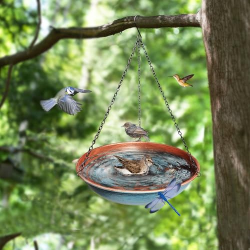 Hanging Bird Bath for Outdoors,11Inch Double Patchwork Birdbath Bowl Window Birds Feeder with 13.5 in Rust-Proof Black Chains Metal Hanging Birds Feeder for Garden Backyard Decor Copper Blue