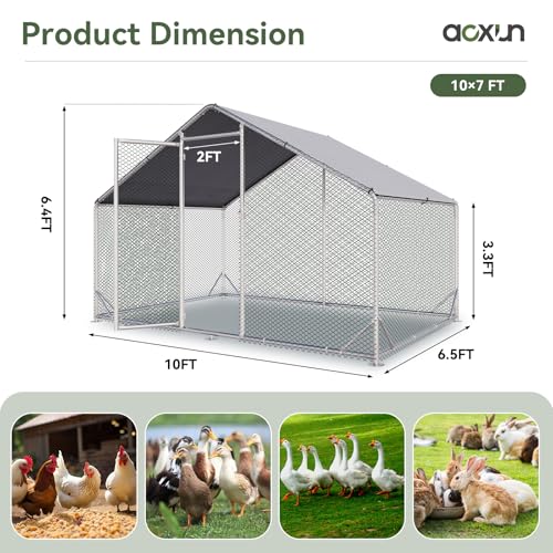 Aoxun Metal Chicken Coop, Outdoor Chicken Runs for Yard with Cover, Spire Roof Hen House Enclosure with Security Lock, Walk-in Cage Peak Hen House for Yard Farm (10x6.5x6.4 FT) - size: 120.0"L x 77.0"W x 76.8"H