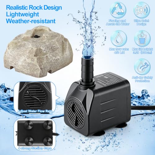 Bird Bath Water Fountain with Electric Pump for Outdoor Garden, Beige | 24H Plug In, Granite Air Pump Rock for Bird, 2 Nozzles 3 Flow Modes, IPX8 Waterproof, 450L/H Pump, Anti Dry Satety Protection - color: Beige