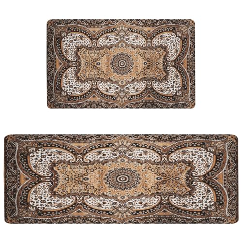 Rustic Farmhouse Kitchen Mat Set 2PCs, 17.3"x47" + 17.3"x29", Brown | Non-Slip, Waterproof, Anti-Fatigue Comfort Floor Rugs for Home Sink & Laundry - color: Brown