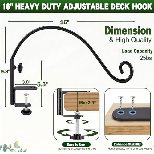 16 Inch Deck Hooks Railing Plant Hanger 2PCS, Shepherd Hook Swivel | Heavy Duty Deck Hooks for Railing, 360° Swinging Plant Hanger Bracket Outdoor, Solid Iron Plant Hangers for Deck Railing - size: 16Inch -2PCS
