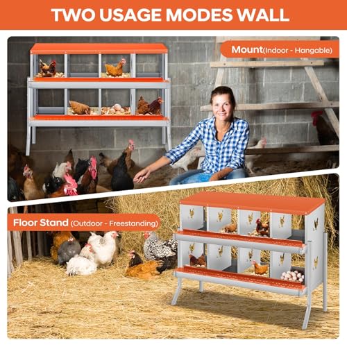 Garvee Chicken Nesting Box, 8 Compartments Nesting Box for Chickens, Galvanized Steel Chicken Laying Box for Easy Egg Collection, Wall Mounting - color: Orange | 8 Compartments+legs
