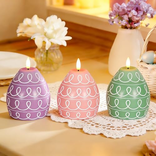 3PCS Easter Egg Flameless Candles – 5.2" Battery Operated LED Egg Candles with White Wave Pattern, Green Purple Pink Real Wax Finish, Flickering Flame for Easter Table Centerpiece Spring Home - color: purple, pink, green