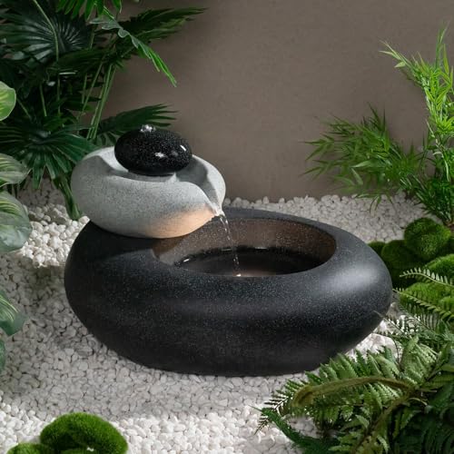 13.39" H Outdoor Water Fountain Made with Eco-Friendly Recyclable Materials, Polyethylene Rock Waterfall Outdoor Fountain, Garden Decor with LED Light & Pump for Patio, Backyard (13.39") - size: 13.39"