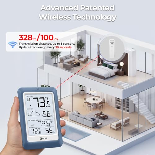 Indoor Outdoor Thermometer Hygrometer Wireless Weather Station, Temperature Humidity Monitor Battery Powered Inside Outside Thermometers with 330ft Range Remote Sensor(Blue) - color: Blue