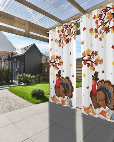Outdoor Curtains for Patio, Turkey Waterproof Blackout Outside Curtain for Porch/Pergola/Gazebo, Thanksgiving Maple Leaf Orange Teal Blue Pumpkin Thermal Insulated Drapes, 2 Panels, 54 x 84 Inch - color: White, size: 54"W x 84"L (Pack of 2)