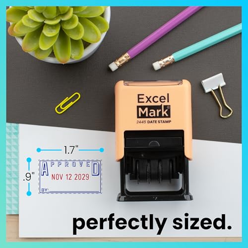 ExcelMark 2445 Date Stamp with Text - Blue and Red Ink (Peach Mount, Approved) - color: Peach Mount, size: Approved