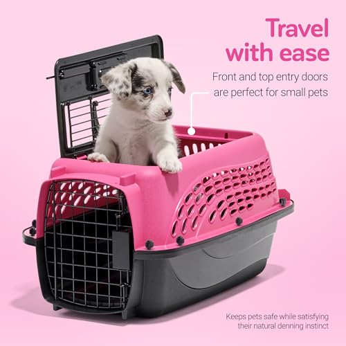 Petmate Dog Crates for Small Dogs & Cat Carriers, Two-Door Plastic Pet Kennel, Top & Front Loading, XS 19" For Dogs Up To 10 lb, Pink | Plastic pet kennel made in USA, for small pups and kittens, dual entry design, great for travel and vet trips, easy acc