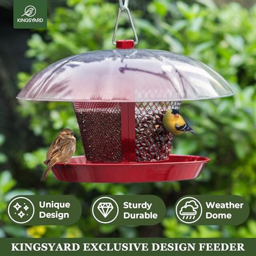 Kingsyard Rain-Resistant Metal Mesh Bird Feeder for Outdoor Hanging | Large Clear Dome, Top-Fill Design, Weather-Resistant Metal, Dual Mesh for Different Seeds, Easy to Clean - color: Red