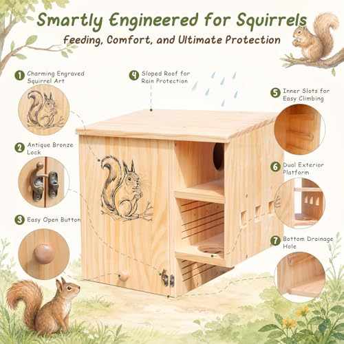Extra Large Squirrel House for Outside, Wooden Squirrel Nesting Box | Solid Pine Den Box, Predator Guard & Easy-Clean Front Door, Enhanced Protection, Backyard Habitat Shelter for Outdoor Winter - size: Extra Large