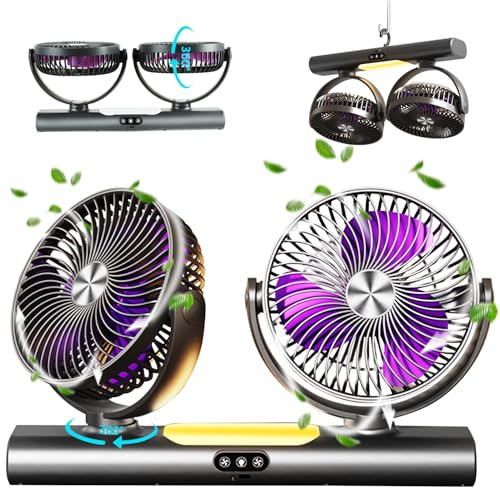 Quiet Fan with 360° Dual Heads, Battery Operated Desk Fan, 3-Speed Side Table Fan, Bedside Table Fan with Night Light, Portable Fan Wall Mount or Ceiling Hanging for Camping Bedroom Office (Grey)