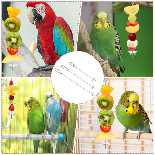 3PCS Bird Cage Food Holder with Hook, Stainless Steel Bird Feeder for Cage, Parrot Fruit Skewers, Birds Foraging Toys for Macaw Parakeet Parrot Budgie (3 Sizes)