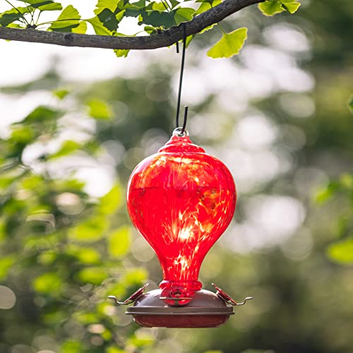 2 Packs Hummingbird Feeder for Outdoors Hanging Ant and Bee Proof, 32OZ Hand Blown Glass Hummingbird Feeders for Outside, Christmas Decoration Gifts for Mom (Teal & Red) | LaElvish Garden 2 Packs Hummingbird Feeder for Outdoors Hanging Ant and Bee Proof,