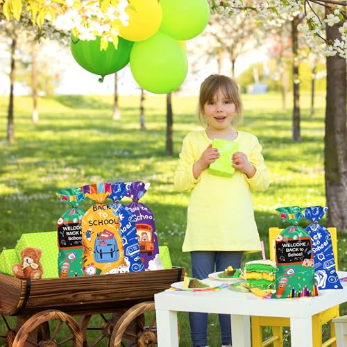 CUUSNNY 100 Pcs Back to School Goodie Bags Cellophane Treat Bags | First Day of School Candy Goodie Gift Bag with Gold Twist Ties for Welcome Back to School Party Favor Supplies - color: Back to School