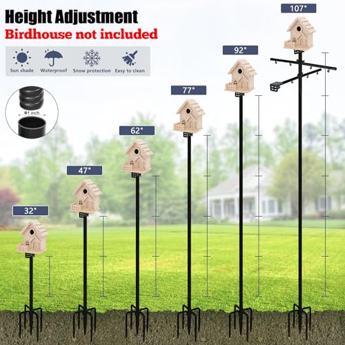 Gtongoko Squirrel Proof Smart Bird Feeder Pole for Outdoors 107 Inch 1 Inch Diameter Bluebird House Pole with 2 Platform and 8 Hooks for Bird Feeder with Camera Adjustable Heavy Duty Mounting Pole - color: 107 Inch with Baffle