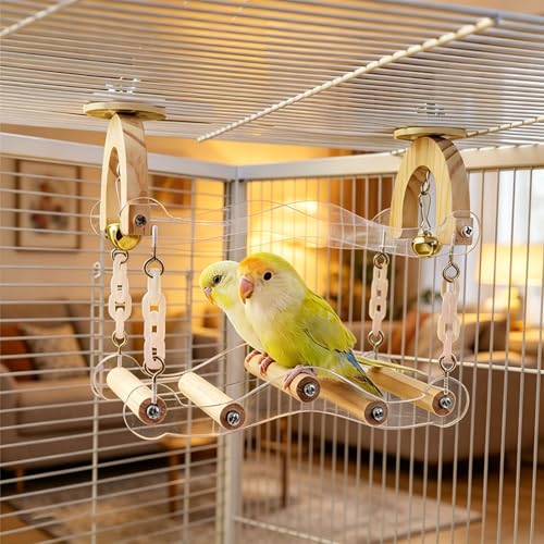 Bird Swing for Cage, Wooden Parakeet Swing Perch Toy with Clear Acrylic Wavy Bridge, Bell and Hanging Chains, Bird Cage Accessories for Budgies, Cockatiels, Lovebirds and Conures