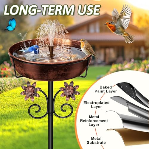 3" Deep Metal Bird Bath for Outside, Removable 12" Dia Vintage Bird Baths Bowl for Outdoors with Stable 5-Prong Stake, 37" H Freestanding Birdbath for Garden Patio Yard Lawn (Brush Bronze)