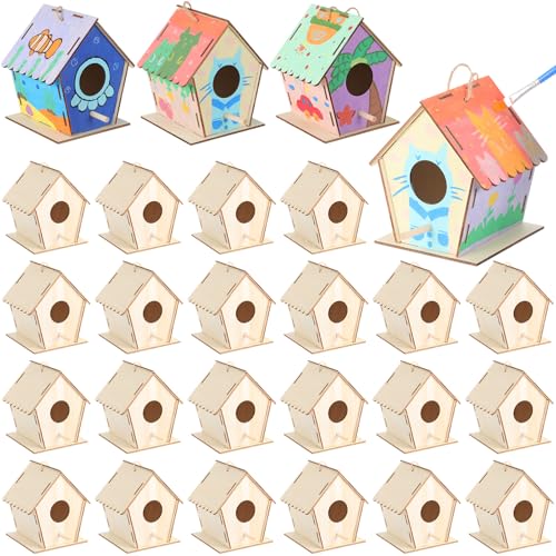 DoubleFill 36 Pack 4.3" Wooden Bird Houses Bulk for Kids with Front Perch Peg, DIY Kid Art Craft Outdoor Birdhouse Kit Unfinished Hanging Birdhouse Class Activity for Girls Boys to Build and Paint