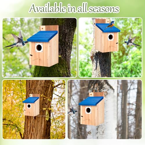 4-Pack Blue Wooden Bird Houses for Outdoors with Predator Guard, Bluebird Houses for Outside – Ideal for Bluebirds & Other Backyard Birds, Blue