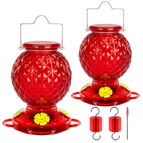 Hummingbird Feeder Glass 20 OZ 2-Pack Round Ant&Bee Proof Feeders | Red Glass Hummingbird Feeders for Outdoors Hanging with 4 Feeding Ports, Rustproof Leakproof Base, Garden Yard Décor Gifts