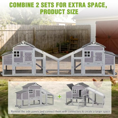 GUTINNEEN Chicken Coop with Wheels for 2-4 Chickens, Large Wooden Outdoor Hen House with Run, Waterproof & UV-Resistant Roof, Removable Leakproof Tray and Divided Nesting Box– Grey - color: (Grey-AIR32)