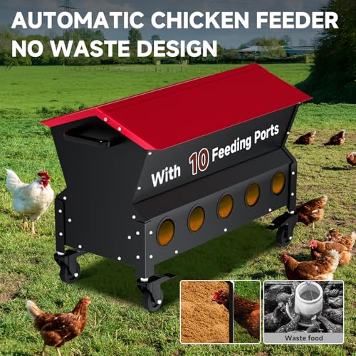 Heavy Duty Chicken Feeder 120 lbs Large Capacity, Metal Automatic Poultry Feeding Box with Waterproof Lid, Raised Standing Feeder with Wheels for Hens & Roosters, Portable & Easy to Move