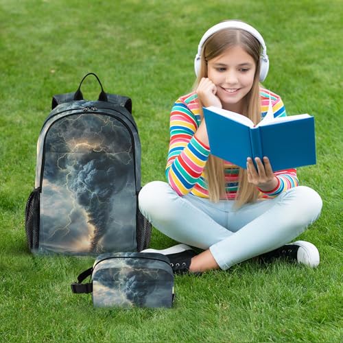 Lightning Tornado Grey Backpack with Lunch Bag, School Travel Backpack for Teens Boys Girls Backpacks Set - color: Grey and Brown