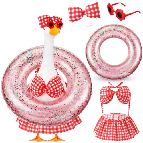Bikini Porch Goose Outfits with Sunglasses and Swimming Tube for 23" Summer Goose Costume Garden Patio Statue Decor(Red Plaid) - style: Red Plaid